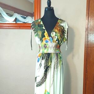 NWT Women's Morefeel Floral Abstract Empire Waist Matte Jersey Maxi Dress